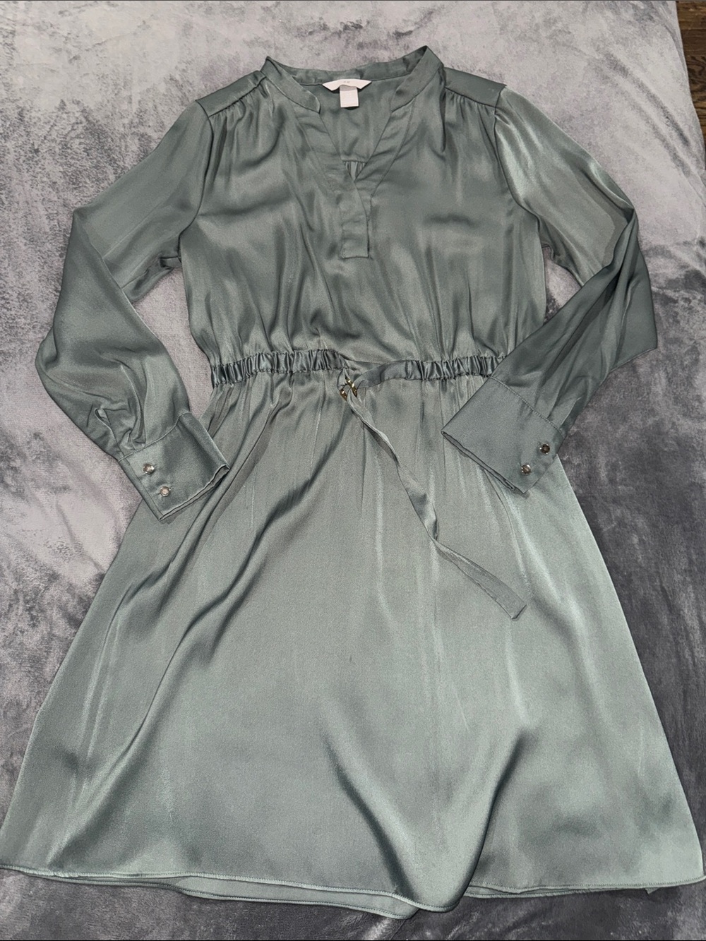 H&M Dusty Sage Long-Sleeve Satin Drawstring Dress